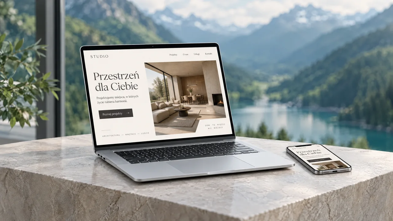 Przykładowa strona studia wnętrz na laptopie i telefonie, na tle jeziora i gór